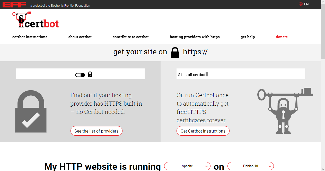 page de Certbot avec formulaire rempli avec Apache et Debian 10