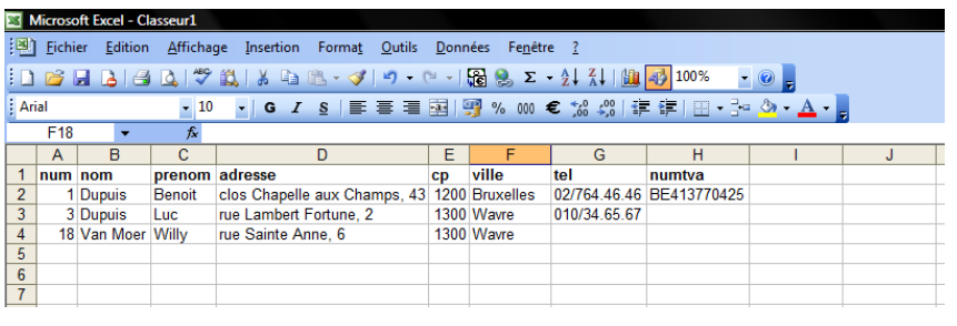 classeur Excel clients