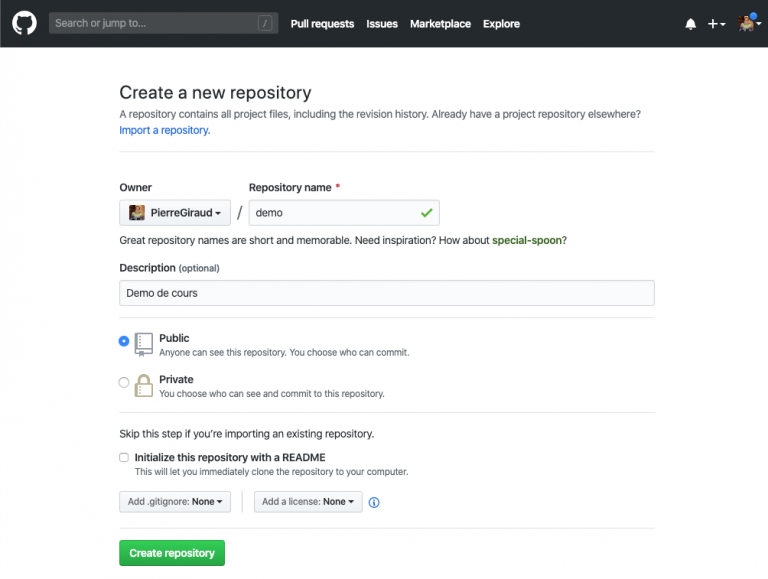 créer un dépôt GitHub